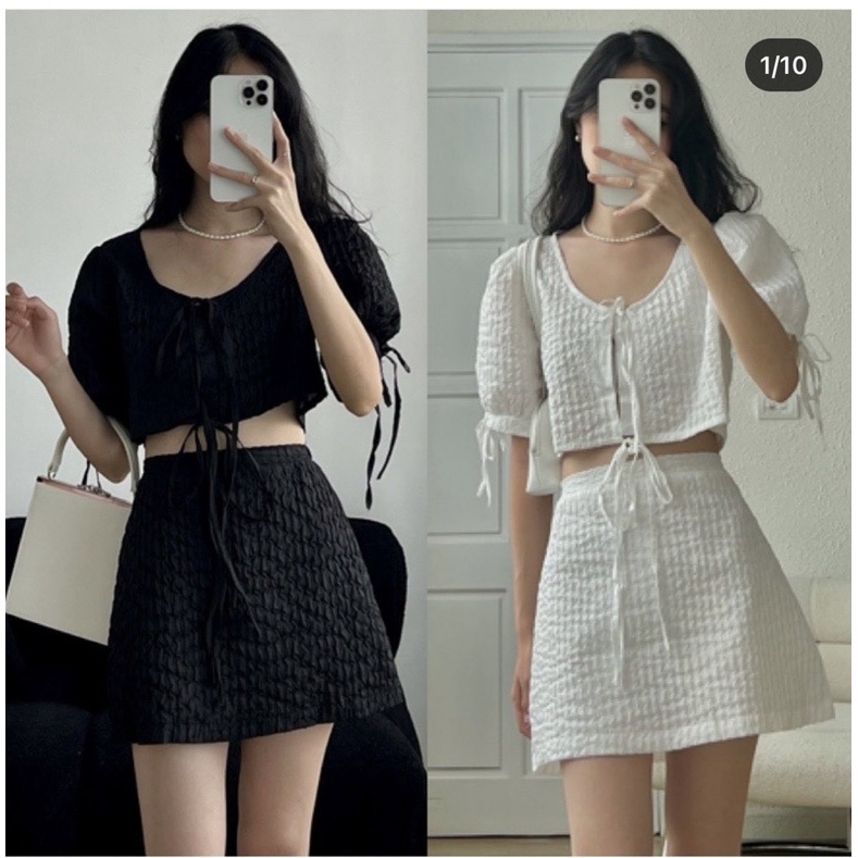 Set áo croptop thắt dây kèm chân váy xốp