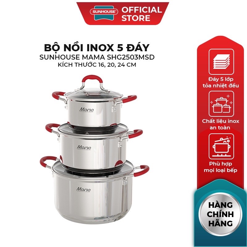 Bộ Nồi 5 Đáy sunhouse mama 16-20-24cm chất liệu inox sáng bóng an toàn cho sức khoẻ