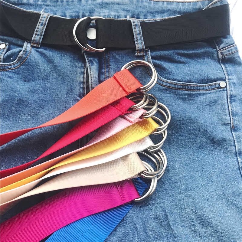 Dây thắt lưng canvas màu trơn có khóa vòng bản rộng phong cách Harajuku Hàn Quốc dành cho nữ