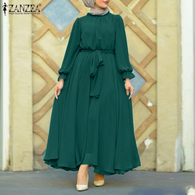 Đầm maxi Zanzea tay dài cổ tròn màu trơn phong cách retro cho phụ nữ Hồi Giáo