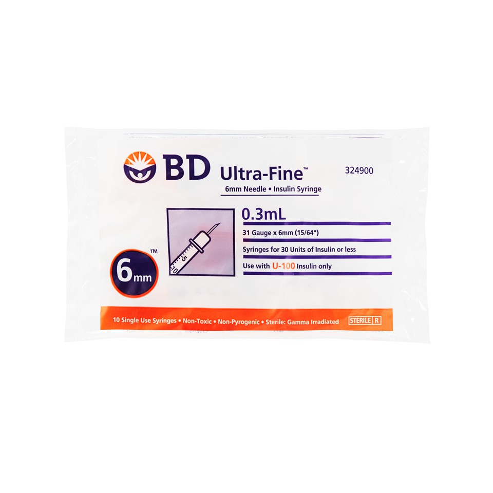 Bơm tiêm insulin BD Ultra-Fine™ 6mm, 0.3cc 31G dành cho người điều trị tiểu đường, hộp 10 túi (10 cây/túi)