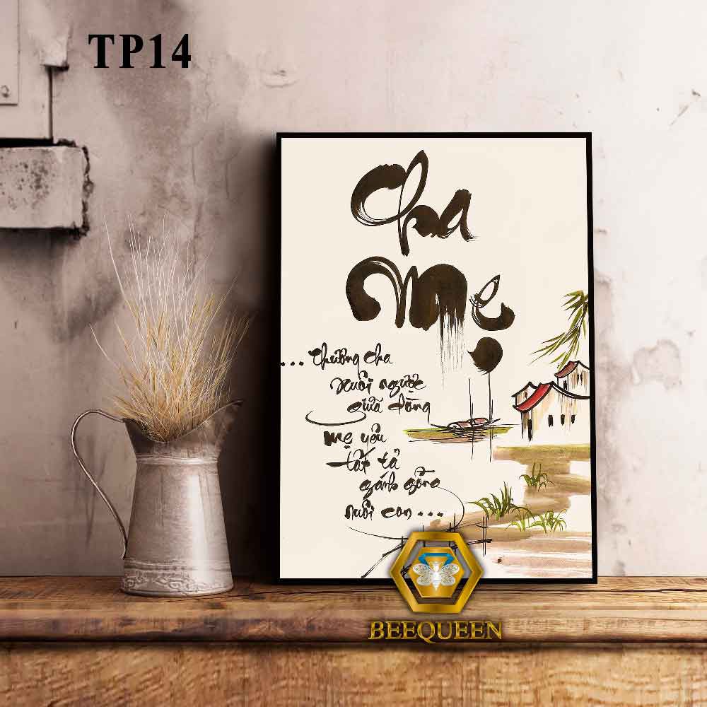 Tranh thư pháp "Cha Mẹ" - thương cha xuôi ngược giữa dòng, mẹ yêu tất tả gánh gồng nuôi con | Mã TP14