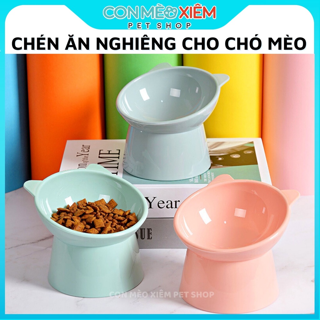 Chén ăn chó mèo bát đơn cao nghiêng nhựa hình mèo, phụ kiện thú cưng Con Mèo Xiêm