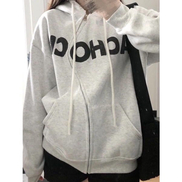 Áo Hoodie Zip Nỉ Cotton OH-OH Tay Phồng Form Rộng Thêu Chữ
