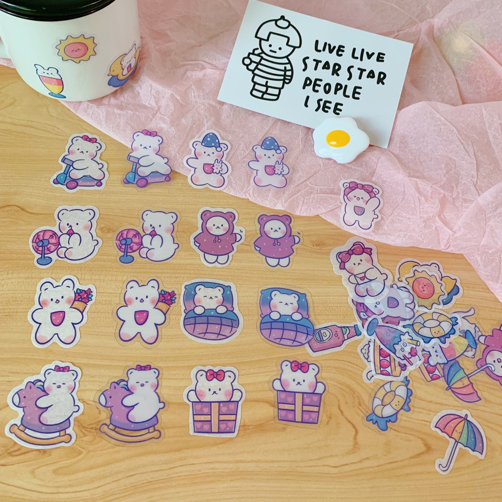 Sticker Mini Gói 40 Cái Dán Sổ Trang Trí Hình Gấu Đáng Yêu Theme Hồng Tím