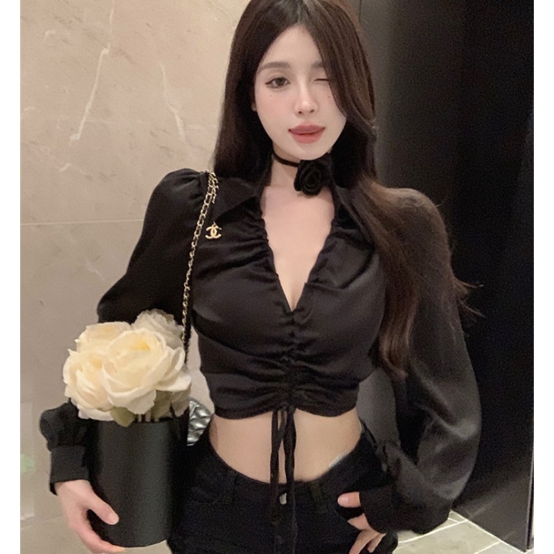 Áo Sơ Mi Chiffon Tay Dài Cổ V Phối Dây Rút Thời Trang Dành Cho Nữ