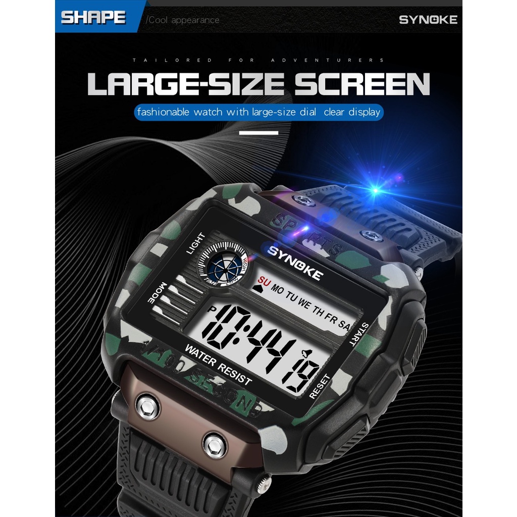Đồng hồ nam SYNOKE Big Dial Digital 50M Đồng hồ điện tử phát sáng chống nước Đồng hồ thể thao