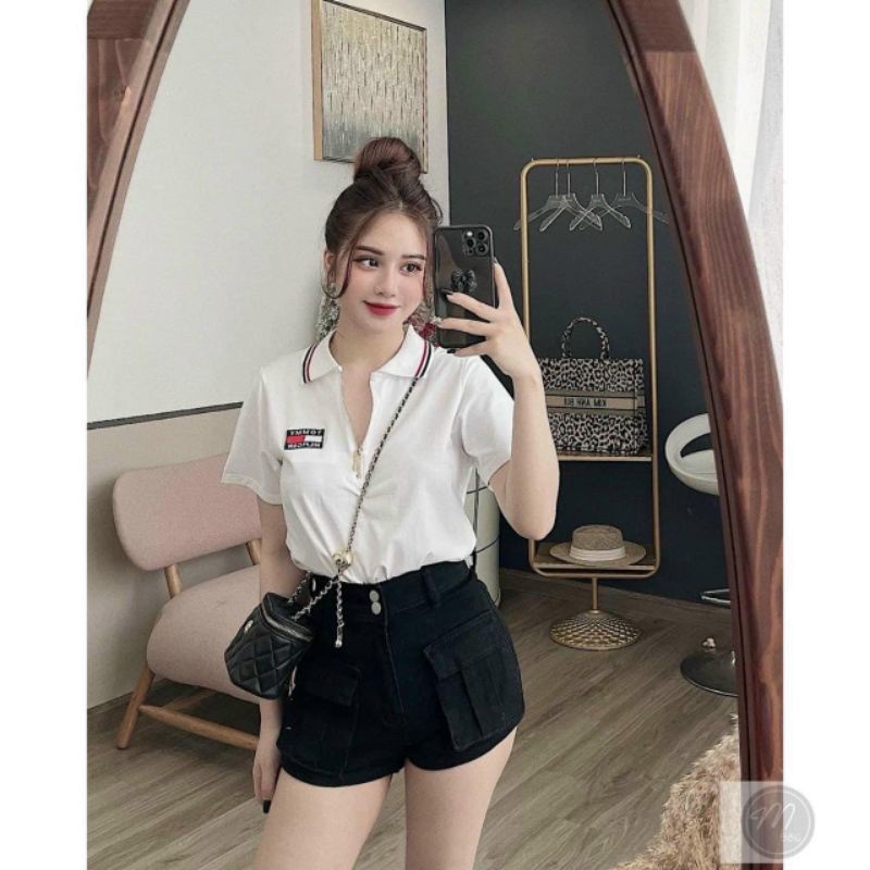 Áo polo tommy , cổ khóa thêu logo ngực