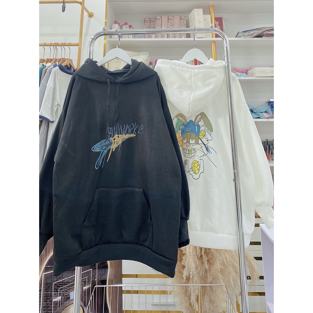 Hooide Nam Nữ Mũ 2 Lớp Dáng Rộng Tay Bồng Unisex Hình Thỏ Mũ Xanh Uzzlang