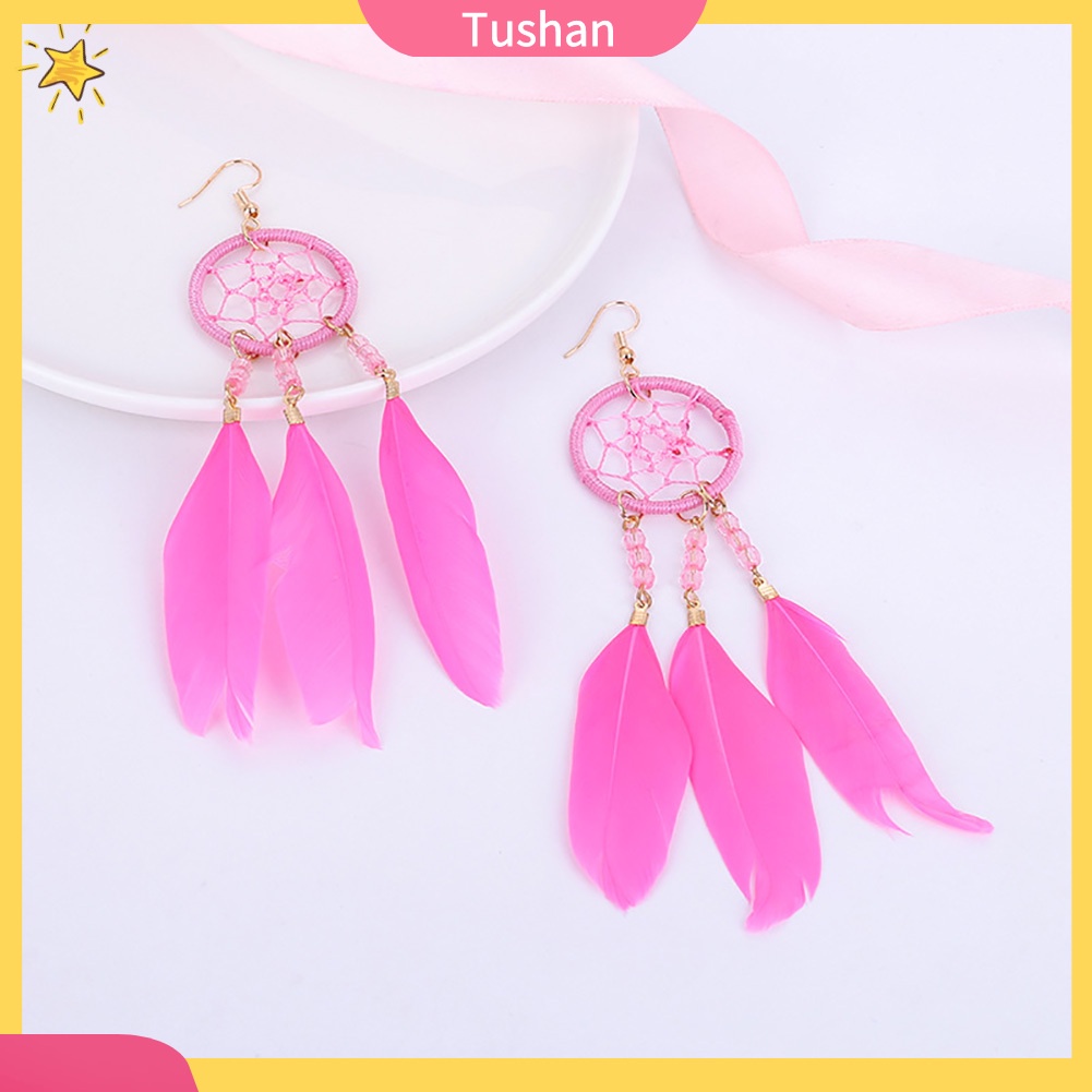 Đôi khuyên tai dài kiểu Dream Catcher gắn lông vũ thời trang cho nữ