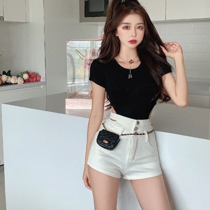 Quần Short Denim Lưng Cao Thiết Kế Khoét Lỗ Quyến Rũ