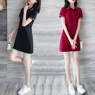 Áo thun cổ bẻ thể thao kèm chân váy chữ a thời trang cho nữ