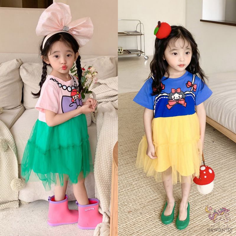 Đầm Cotton Ngắn Tay In Họa Tiết Hoạt Hình Thời Trang Mùa Hè Hàn Quốc Cho Bé Gái