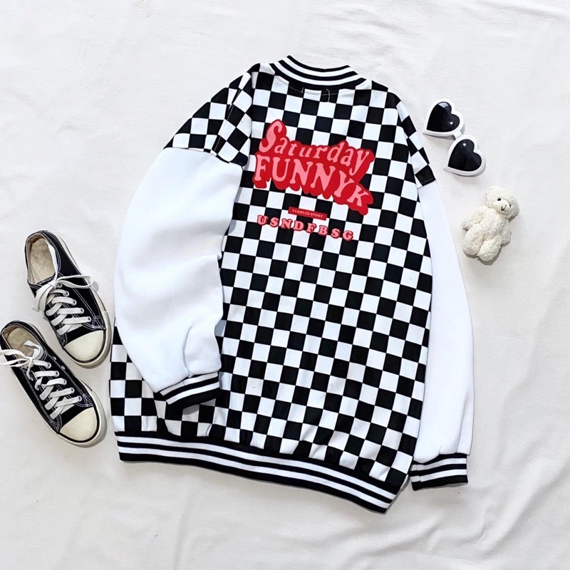 Áo Bomber Nỉ Bông Unisex Caro Thêu Chữ Ảnh Thật