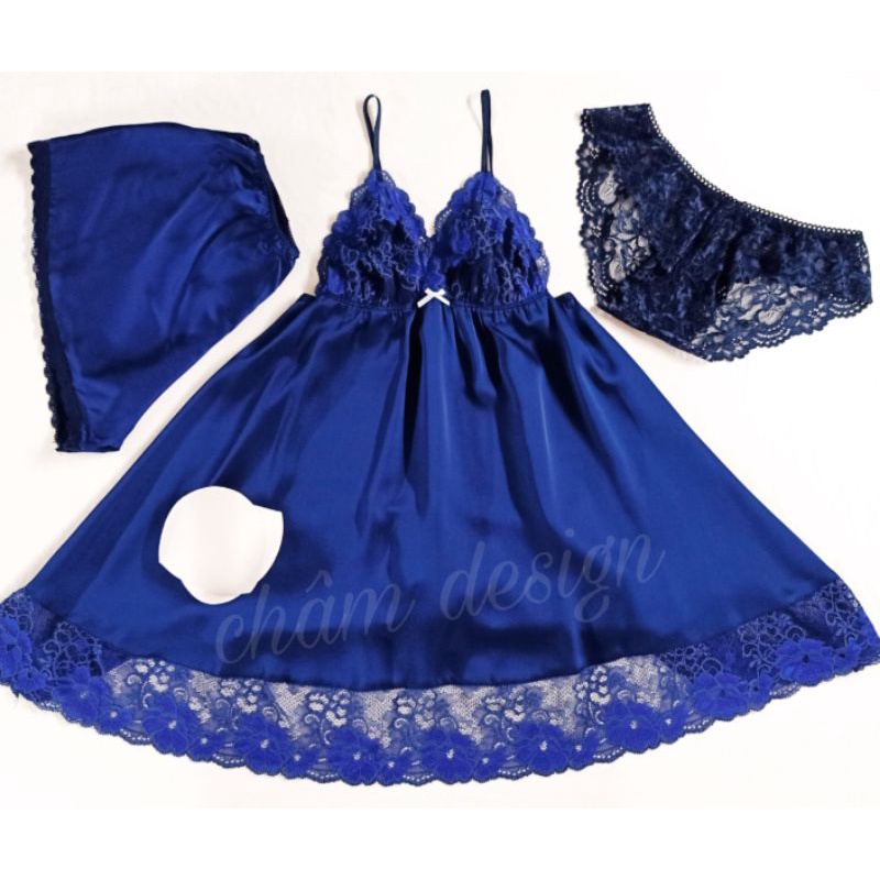 Váy ngủ lụa satin xanh tím than chân ren gắn nơ nhỏ màu xanh nhẹ nổi bật. Hàng thiết kế độc quyền