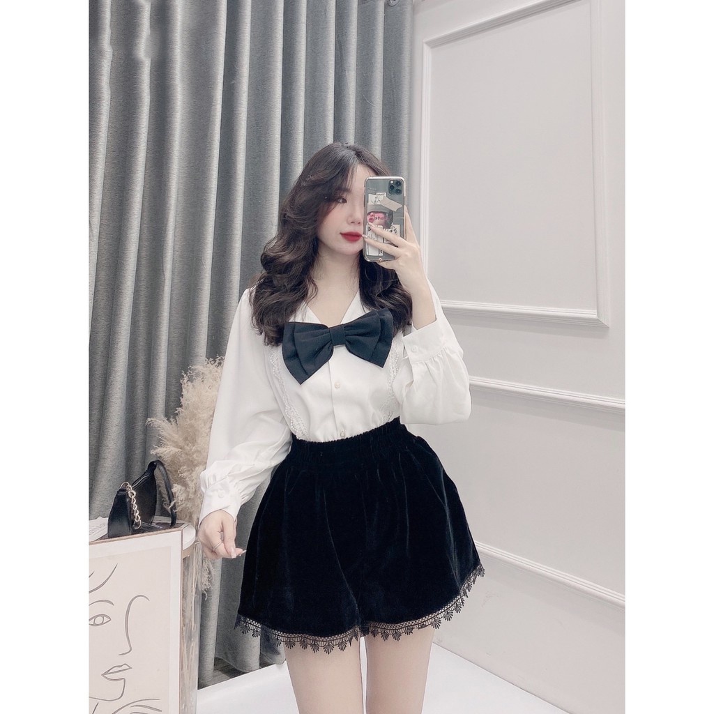 Quần Short Nữ Chất Nhung Phối Ren Cạp Cao Ladya Store M006