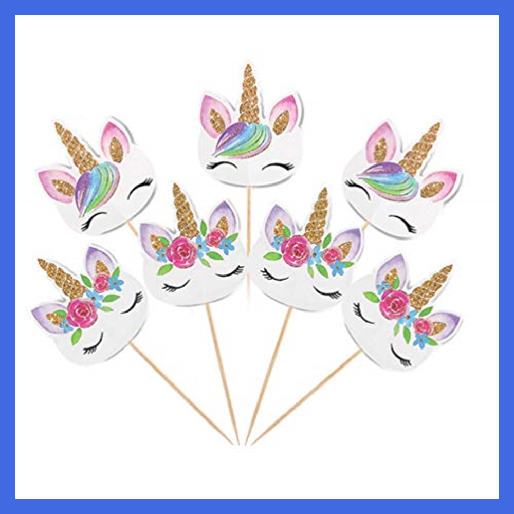 Set 48 que cắm in hình kỳ lân và cầu vồng dùng trang trí bánh cupcake