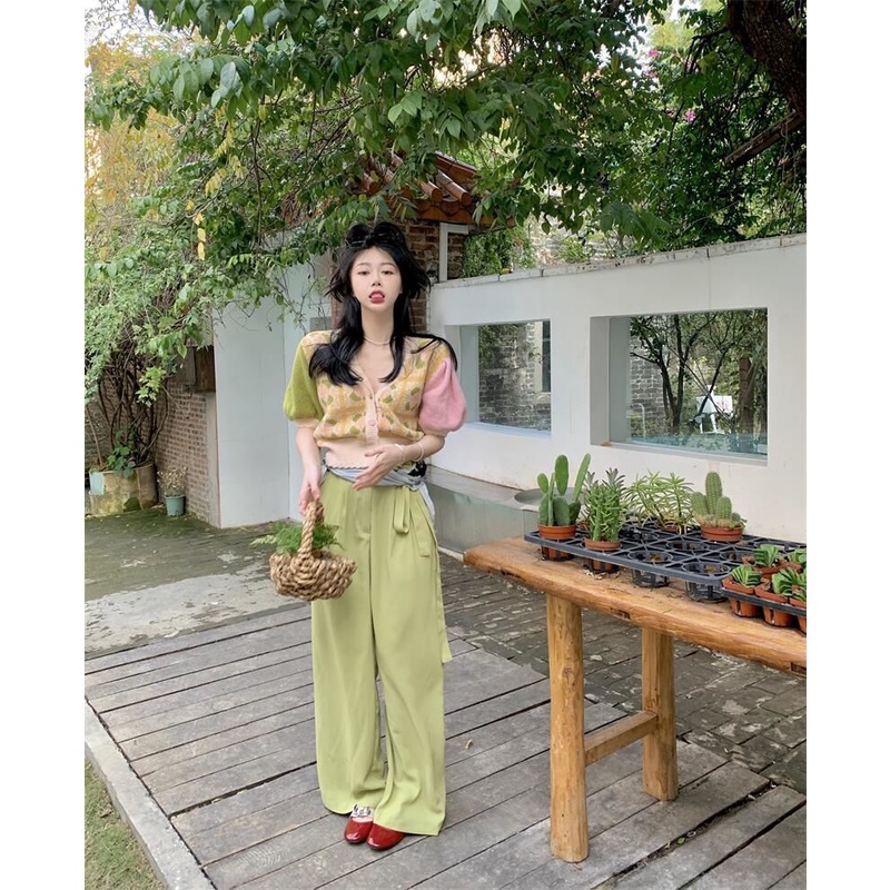 Áo Cardigan Dệt Kim Tay Ngắn Phồng Cổ Chữ V In Hoa Thời Trang Cho Nữ