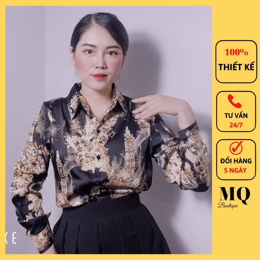 Áo sơ mi nữ lụa dài tay cao cấp công sở họa tiết hoa vàng nền đen, áo sơ mi họa tiết thiết kế MQ Boutique