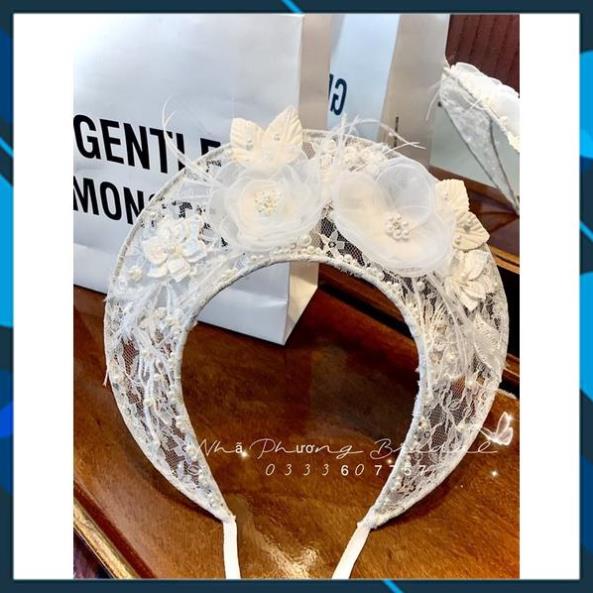 Mấn Vành Ren Trắng Đính Hoa Nổi Và Lông Vũ Xinh Xắn-Mấn đội đầu cô dâu