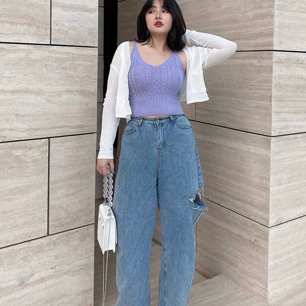 [Big Size] Quần Dài Ống Rộng Xanh Đá 105cm- Quần Jeans Ống Rộng Size Đại - Lưng Cao Trơn/Rách 1 Sườn Hông | BigBuy360 - bigbuy360.vn