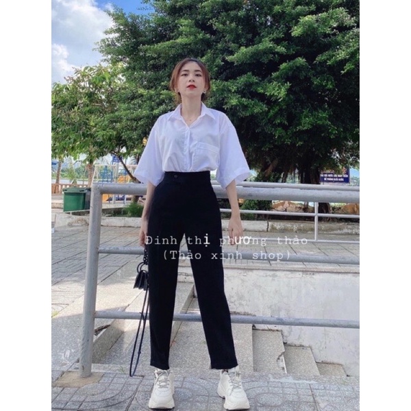 Quần baggy cúc lệch ống suông,quần tây khuy lệch lưng cao kiểu dáng công sở màu đen cho nữ