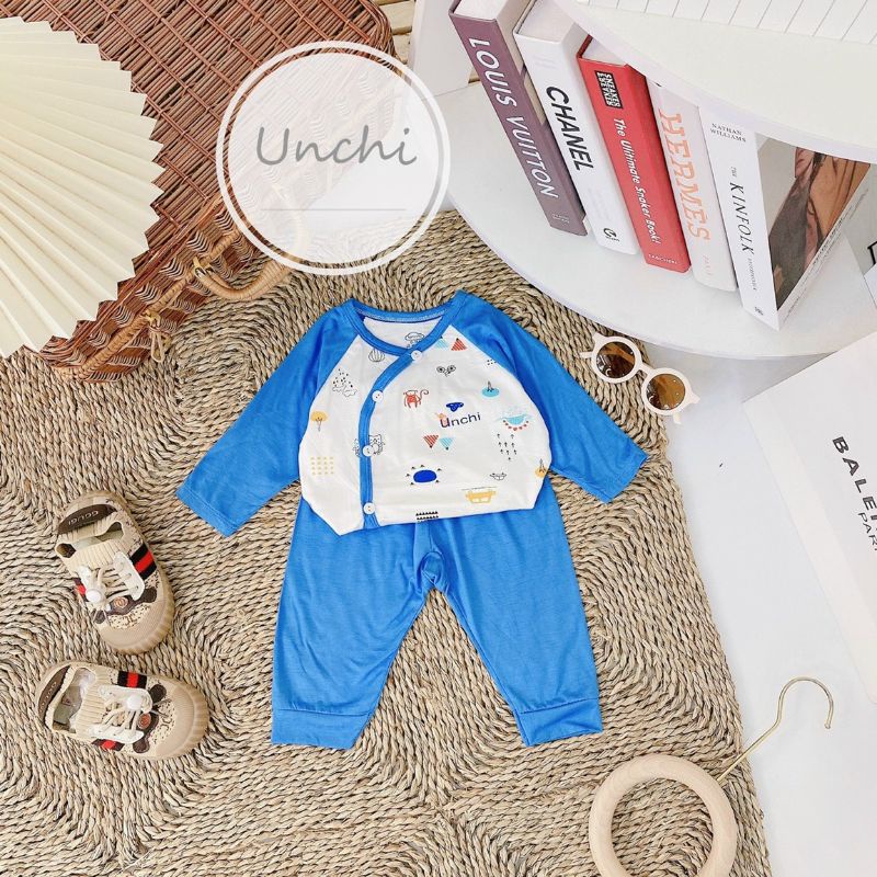 Bộ Quần Áo Dài Tay Thun Lạnh Pha Tay Cúc Lệch Unchi Cho Bé 3-10Kg
