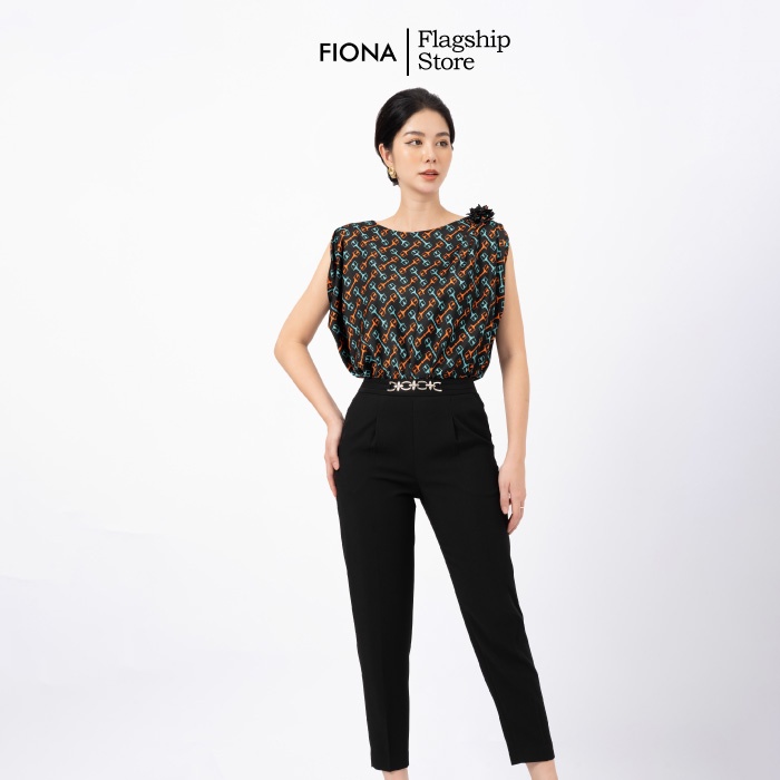 Áo sơ mi nữ cổ thuyền FIONA, áo sơ mi công sở thiết kế họa tiết khóa dáng suông mã F551264