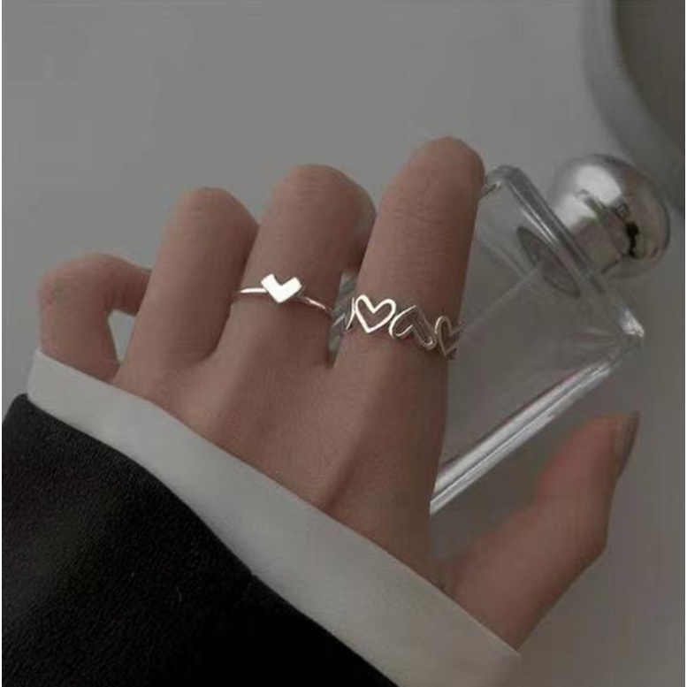 📛 RẺ VÔ ĐỊCH 📛 set combo bộ 2 chiếc nhẫn trái tim có chỉnh cỡ màu bạc xinh xắn dễ thương phong cách hàn quốc