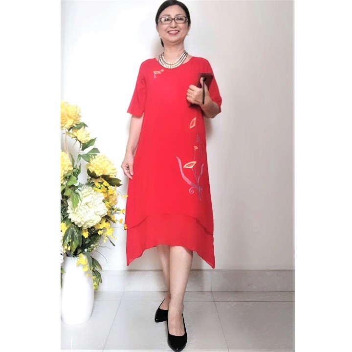 Váy Đầm Trung Niên - Vải Voan Thêu Hoa Tà Cong - Dáng Suông A - Size Từ 53Kg - 95Kg | BigBuy360 - bigbuy360.vn