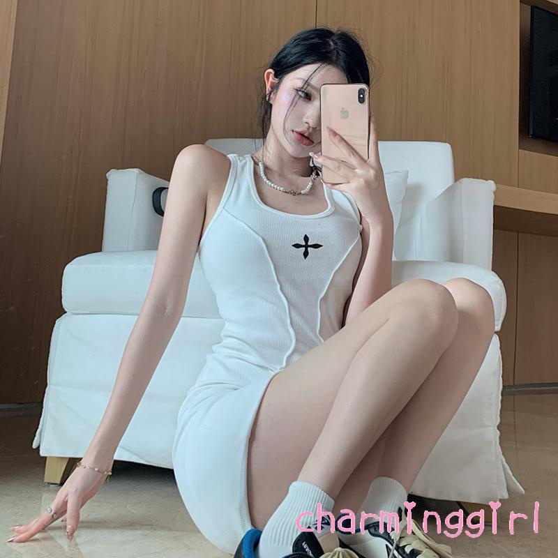 QAQ-Women´s Slim Short Vest Dresses Leisure Style Geometric Printing U-neck Sleeveless Hip Skirt