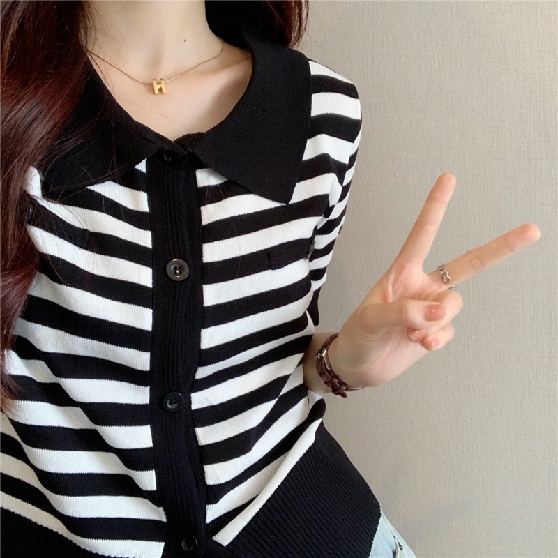 Áo Thun POLO Dệt Kim Tay Ngắn Kẻ Sọc Thiết Kế Trẻ Trung Cá Tính