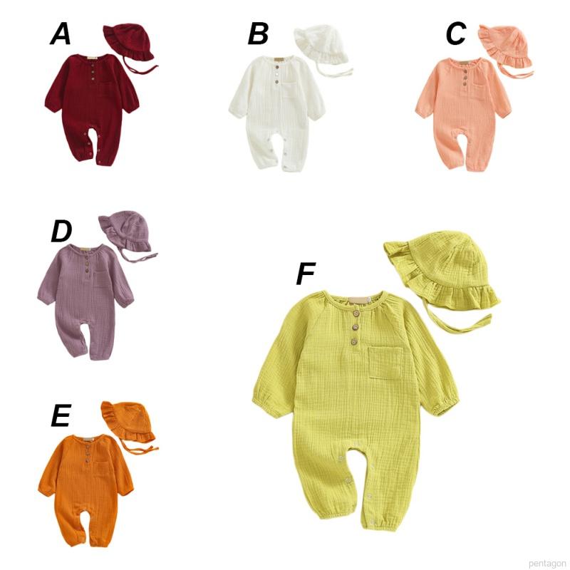 Set đồ liền thân và mũ màu trơn xinh xắn cho trẻ em