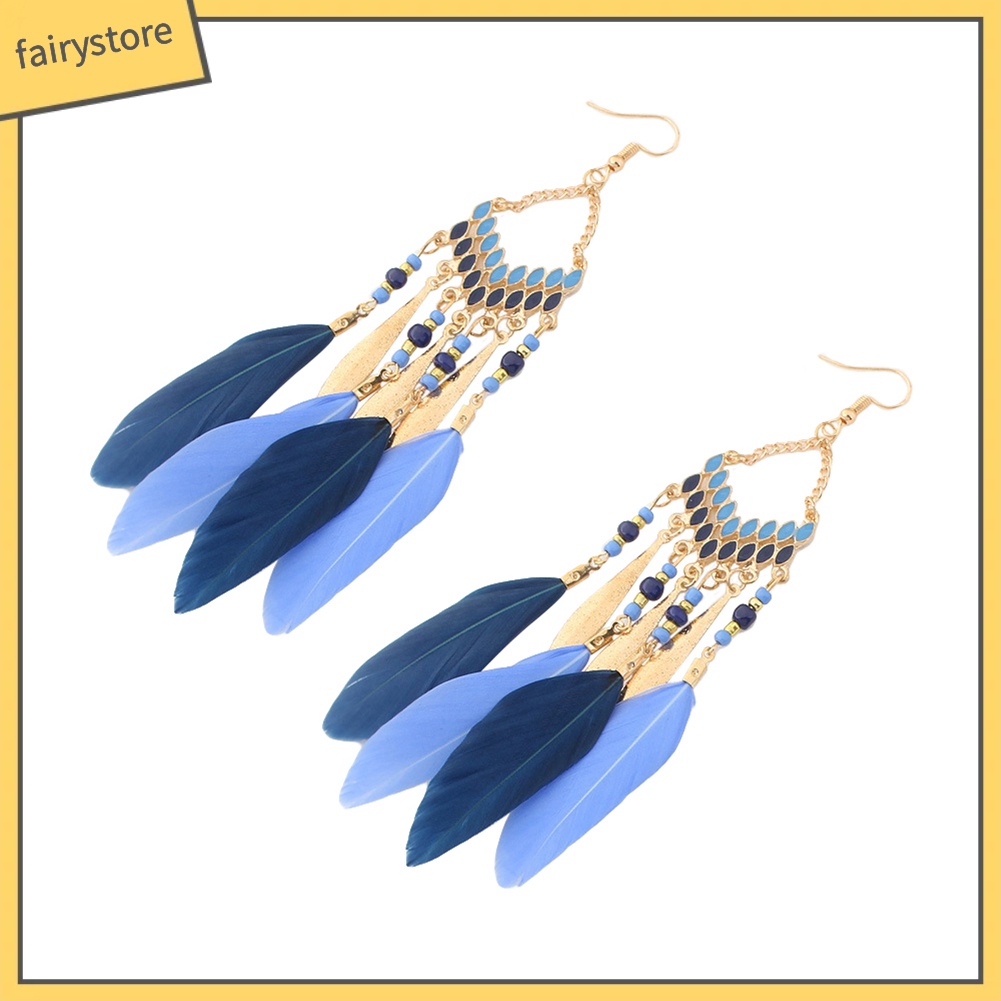 Khuyên tai dáng dài phối tua rua lông vũ phong cách Bohomian độc đáo