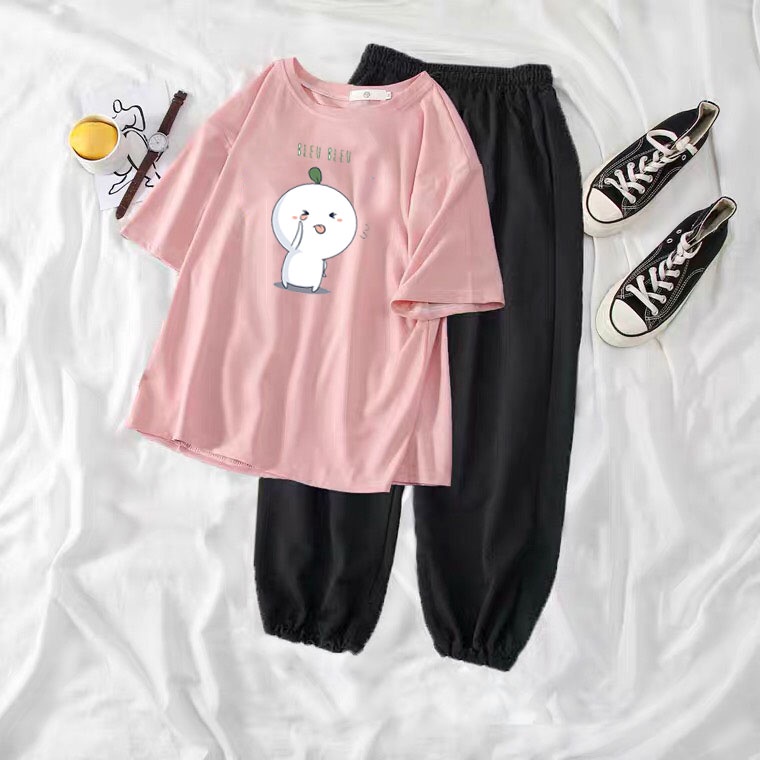 Sét áo Hạt mầm leuleu + quần bom đen, Áo thun from rộng, Chất đẹp không xù, quần suông ống rộng, Sét bộ mặc ở nhà - MODY
