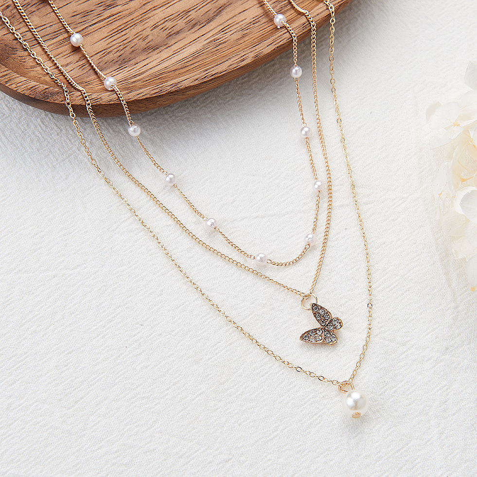 [sweet]  woman fashion retro three-layer chain butterfly pearl pendant necklace ins temperament detachable clavicle chain