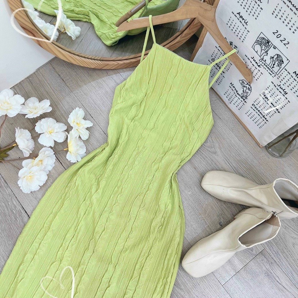 Đầm 2 Dây Xanh Body Cổ Yếm Dáng Xuông Điệu Đà Đi Tiệc Đi Chơi
