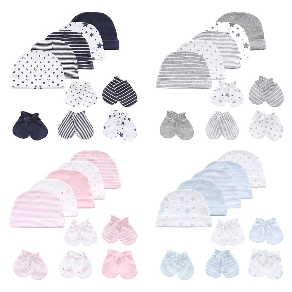 5 Mũ trùm đầu/ 5 Cặp bao tay bằng cotton chống trầy xước dành cho em bé