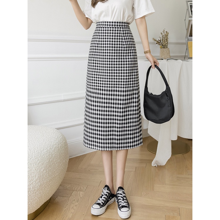 Chân váy kẻ caro Midi cạp cao, chân váy chữ A dài xẻ tà phía sau sogeum.store