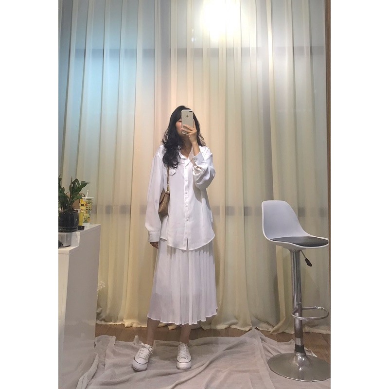 Áo sơmi trắng dài tay Heyday thiết kế nắp túi, trơn basic dáng rộng oversize