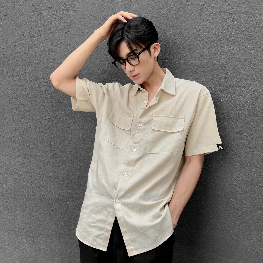 Áo sơ mi cộc tay Pocket, JACKLANE , Áo sơ mi basic unisex dáng rộng có túi ngực thời trang Hàn Quốc