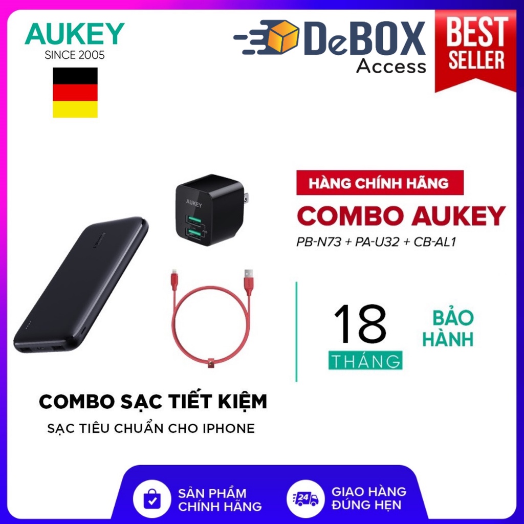 Combo Sạc iPhone AUKEY Sạc 10.000 mAh PB-N73, Cốc 12W PA-U32, Cáp Sạc Lighting MFi CB-AL1- Chính hãng