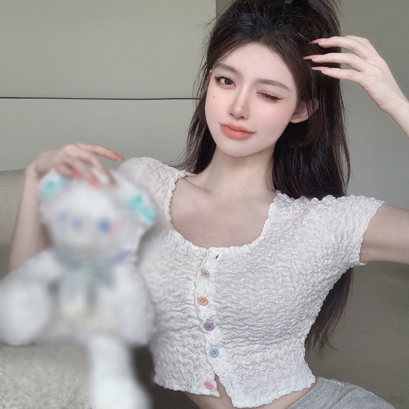 Áo Croptop Cổ Vuông Tay Ngắn Màu Sắc Đơn Giản Phong Cách Hàn Quốc Cho Nữ