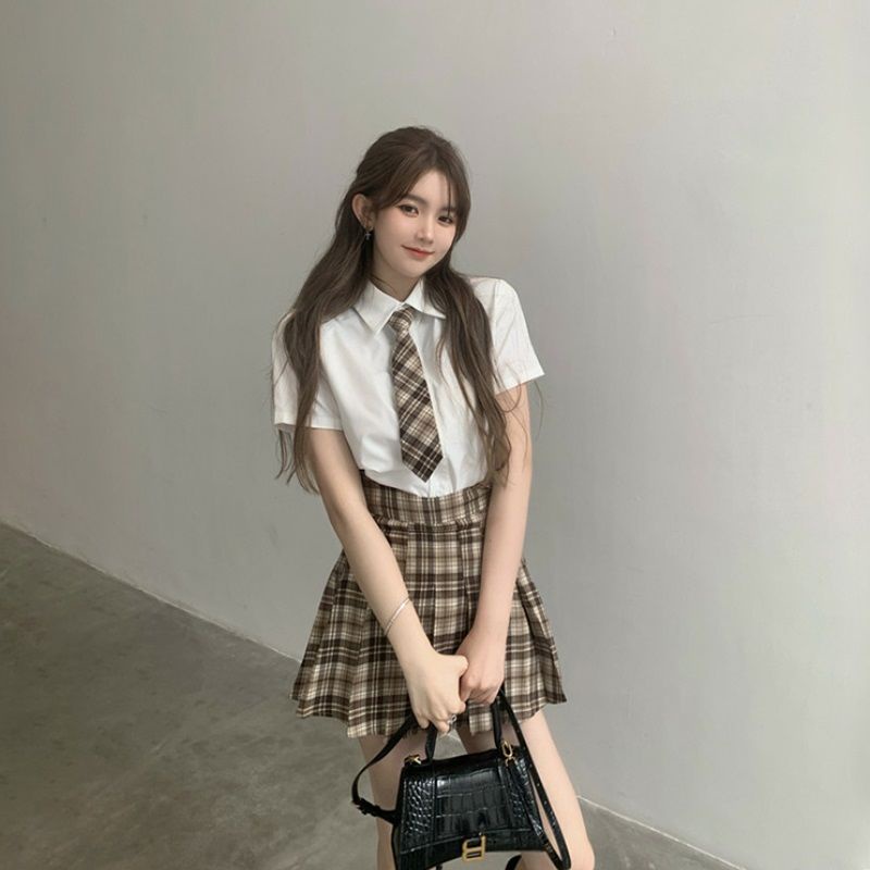 Cổ Phiếu Sẵn Sàng❣Bộ Trang Phục Hai Mảnh Gồm Áo Sơ Mi Cổ POLO Tay Ngắn Phong Cách Preppy Kèm Cà Vạt + Chân Váy Xếp Ly 2022 Thời Trang Mùa Hè Cho Bạn Gái