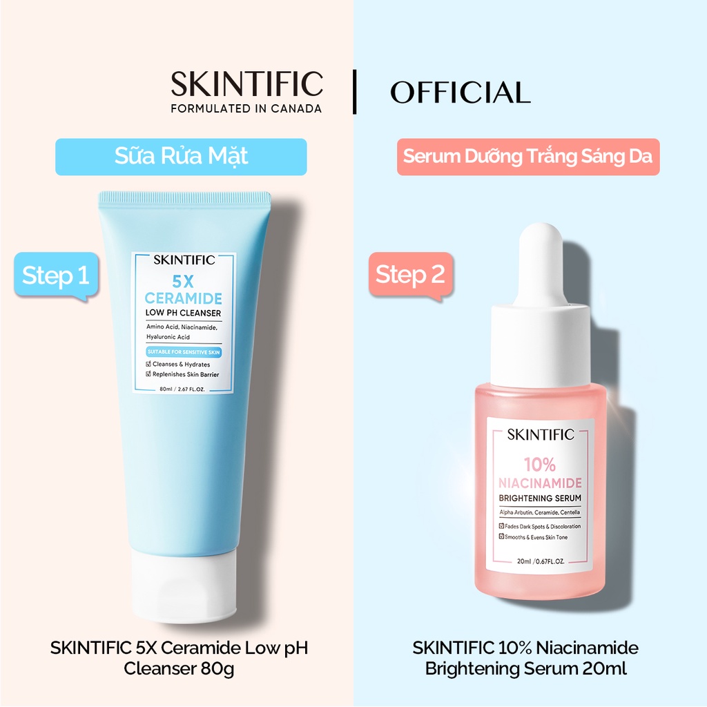 SKINTIFIC 5X Ceramide Low pH Cleanser 80g Sữa Rửa Mặt / SKINTIFIC 10% Niacinamide Brightening Serum 20ml Dưỡng Trắng