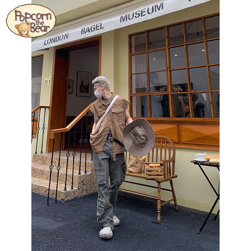 Bắp Rang Gấu  Áo Vest Denim Khâu Nhiều Túi + Quần Yếm Cotton