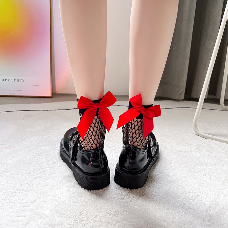 Japanese Lady Lolita Princess Sweet Socks White Bow Fishnet Socks Korean Version Black Lace Fishnet Socks