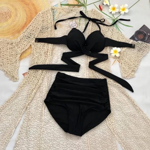 Bikini áo gọng chéo eo nâng ngực mix quần nhún đen lưng cao Đẹp