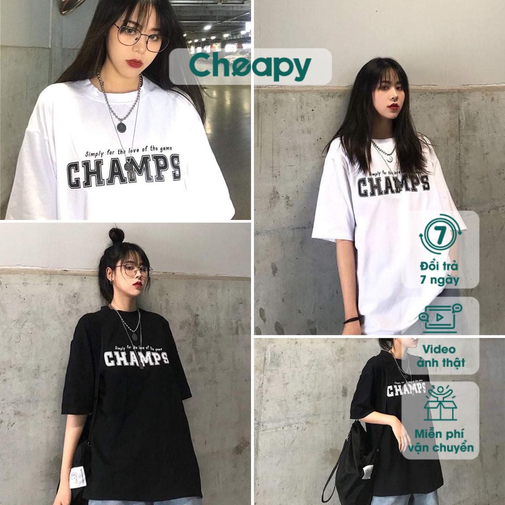 Áo thun nam nữ Champs unisex tay lỡ cổ tròn cotton trắng đen basic phom rộng oversize local brand Cheapy