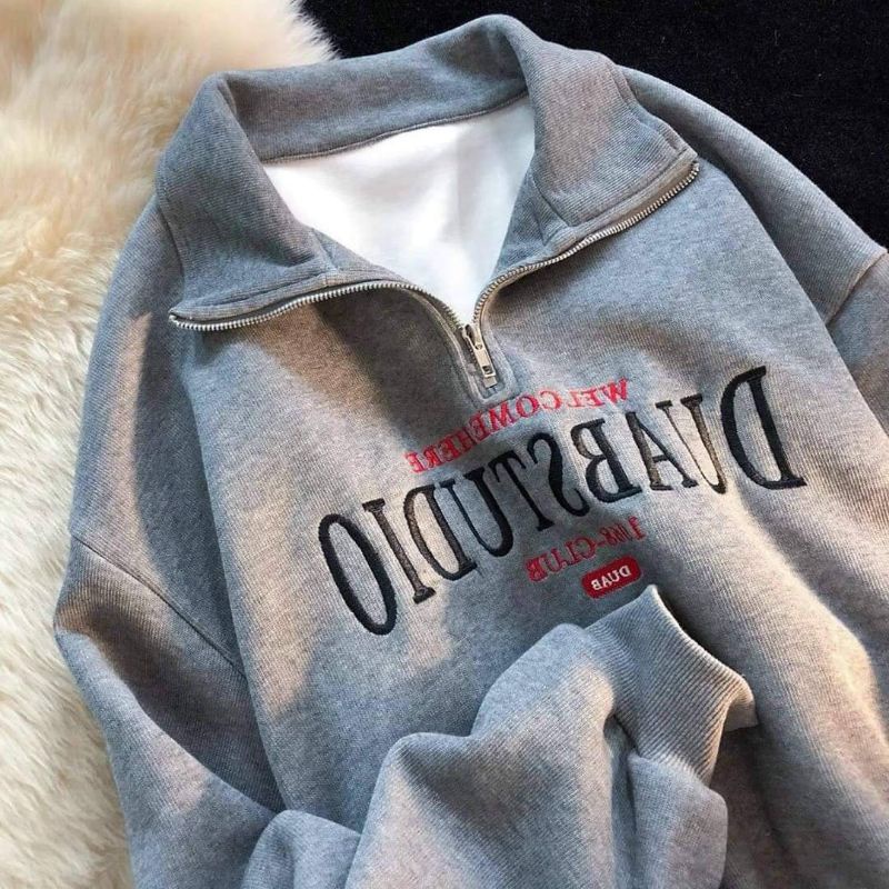 Áo nỉ polo phom rộng nam nữ unisex , Áo sweater cổ bẻ chất nỉ ngoại dầy dặn bo thêu Duab phong chách Hàn quốc ulzzang